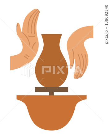 Hands and clay pot on a potters wheel, pottery studio. Color vector illustration on white background. Hands and clay pot on a potters wheel, pottery studio. Color vector illustration on white background. 138092340