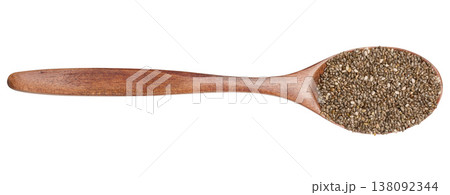 Chia seeds in a brown wooden spoon on isolated background Chia seeds in a brown wooden spoon on isolated background 138092344
