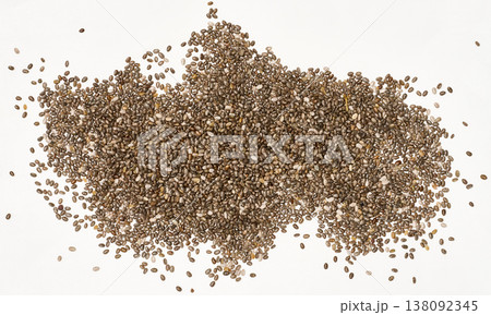 Scattered chia seeds on a white background, top view 138092345