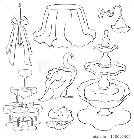 Hand-drawn wedding decor elements such as champagne tower and round table, candle, bow, decorative shell, swan, rococo fountain Hand-drawn wedding decor elements such as champagne tower and round table, candle, bow, decorative shell, swan, rococo fountain 138092406