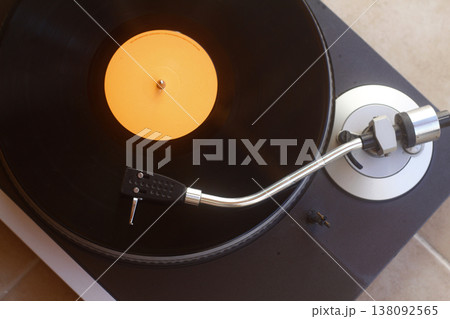 old vinyl record with clipping path. DJ Turntable with Vinyl Record, Playing, Top View 138092565