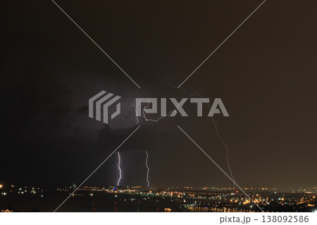 Dangerous storm of lightning and lightning in the clouds that touch the ground 138092586