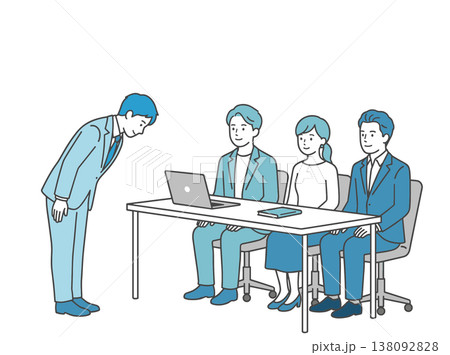 面接でお辞儀する男性と面接官 グループ面接 就職活動 ビジネスイラスト 138092828