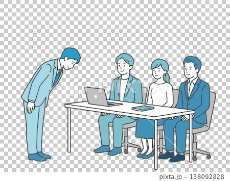 面接でお辞儀する男性と面接官 グループ面接 就職活動 ビジネスイラスト 138092828