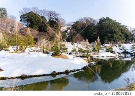 雪の玉泉院丸庭園と雪吊りの冬景色 138092858