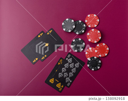 Casino, cards and chips on a colored background, poker and blackjack, gambling. Cards and chips 138092918