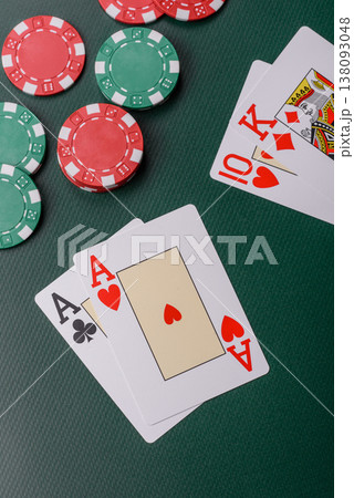 Casino, cards and chips on a colored background, poker and blackjack, gambling. Cards and chips Casino, cards and chips on a colored background, poker and blackjack, gambling. Cards and chips 138093048