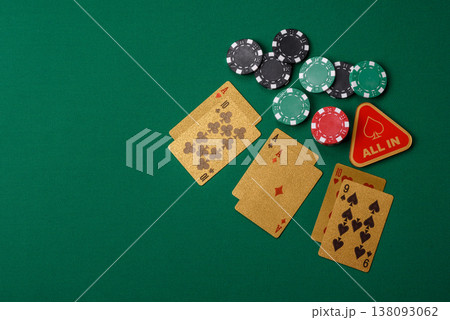 Casino, cards and chips on a colored background, poker and blackjack. Cards and chips 138093062