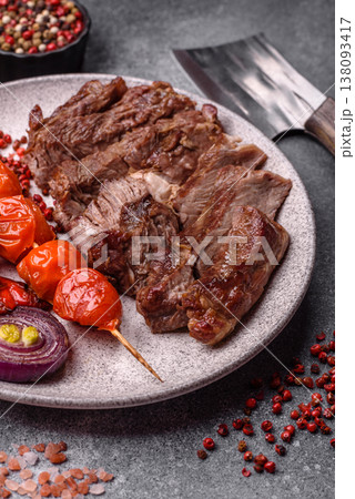 Steak, beef or pork meat grilled or barbecued with salt and spices. Beef steak 138093417
