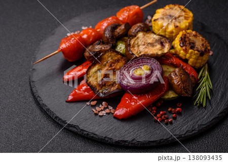 Grilled vegetables: bell peppers, zucchini, eggplant, onions, and corn. Grilled vegetables 138093435