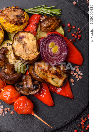 Grilled vegetables: bell peppers, zucchini, eggplant, onions, and corn. Grilled vegetables Grilled vegetables: bell peppers, zucchini, eggplant, onions, and corn. Grilled vegetables 138093439