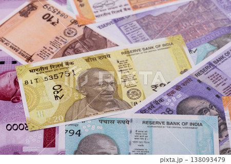Indian paper currency, rupees, for financial transactions and exchange. Indian rupee currency Indian paper currency, rupees, for financial transactions and exchange. Indian rupee currency 138093479