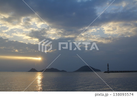 Seascape at sunshine. Lighthouse and sailings on the coast. Seaside town of Turgutreis and spectacular sunshine 138093574