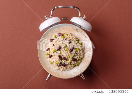 Asian food with rice, edamame, carrots, tofu, and spices. Rice with edamame 138093593