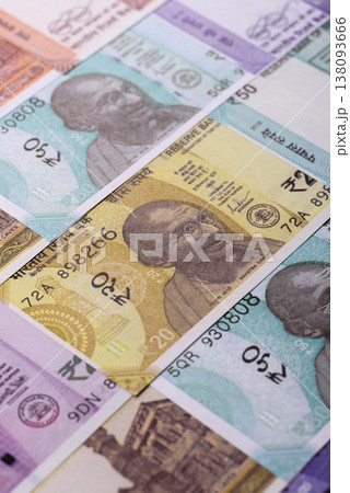 Indian paper currency, rupees, for financial transactions and exchange. Indian rupee currency Indian paper currency, rupees, for financial transactions and exchange. Indian rupee currency 138093666