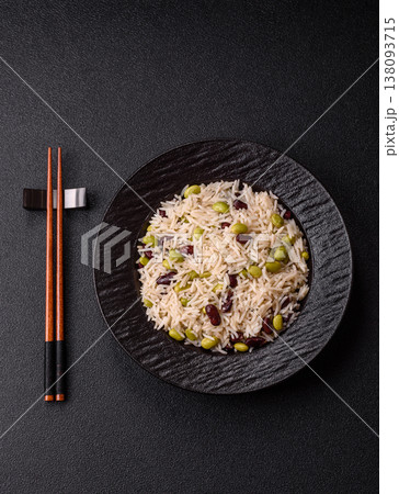 Asian food with rice, edamame, carrots, tofu, and spices. Rice with edamame Asian food with rice, edamame, carrots, tofu, and spices. Rice with edamame 138093715