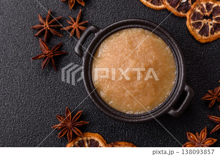 Apple sweet sauce, baby food, canned ingredient for desserts. Apple sauce Apple sweet sauce, baby food, canned ingredient for desserts. Apple sauce 138093857