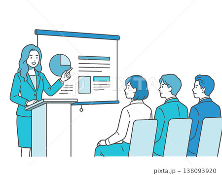 会社説明会でプレゼンする女性 採用セミナー 就職活動 ビジネスイラスト 138093920