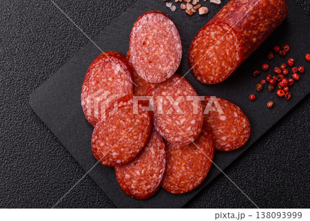 Sliced smoked pepperoni or salami as a pizza topping. Pepperoni sausage Sliced smoked pepperoni or salami as a pizza topping. Pepperoni sausage 138093999