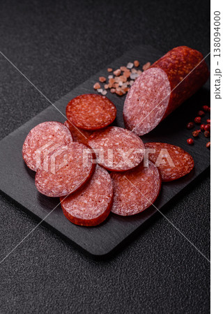 Sliced smoked pepperoni or salami as a pizza topping. Pepperoni sausage Sliced smoked pepperoni or salami as a pizza topping. Pepperoni sausage 138094000