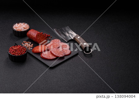 Sliced smoked pepperoni or salami as a pizza topping. Pepperoni sausage Sliced smoked pepperoni or salami as a pizza topping. Pepperoni sausage 138094004