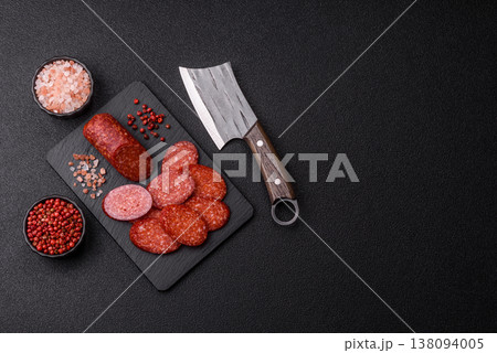 Sliced smoked pepperoni or salami as a pizza topping. Pepperoni sausage 138094005