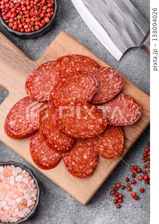 Sliced smoked pepperoni or salami as a pizza topping. Pepperoni sausage Sliced smoked pepperoni or salami as a pizza topping. Pepperoni sausage 138094026