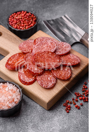 Sliced smoked pepperoni or salami as a pizza topping. Pepperoni sausage Sliced smoked pepperoni or salami as a pizza topping. Pepperoni sausage 138094027