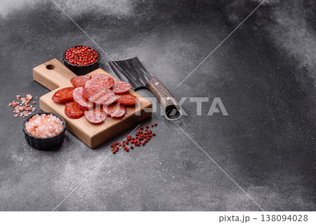 Sliced smoked pepperoni or salami as a pizza topping. Pepperoni sausage Sliced smoked pepperoni or salami as a pizza topping. Pepperoni sausage 138094028