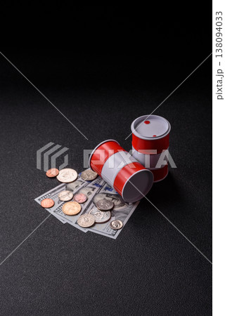 A barrel of oil against a backdrop of dollars as a concept for the oil crisis. A barrel of oil 138094033
