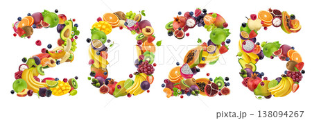2026 numbers composed of assorted fruits and berries isolated white background, colorful healthy food typography 2026 numbers composed of assorted fruits and berries isolated white background, colorful healthy food typography 138094267