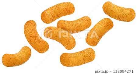 Crispy corn sticks snack, crunchy texture with salted coating isolated on white background, full depth of field Crispy corn sticks snack, crunchy texture with salted coating isolated on white background, full depth of field 138094271