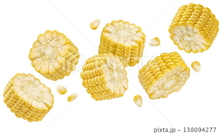Falling corn cob slices isolated on white background with clipping path Falling corn cob slices isolated on white background with clipping path 138094277