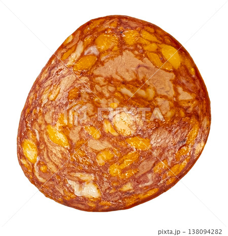 Falling chorizo sausage, hot salami slice isolated on white background with clipping path Falling chorizo sausage, hot salami slice isolated on white background with clipping path 138094282