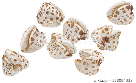 Falling puffed buckwheat grains isolated on white background with clipping path, full depth of field 138094338