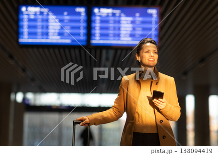 Woman Checking Train Departure Board with Concern at Station Woman Checking Train Departure Board with Concern at Station 138094419