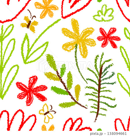 Seamless pattern simple flowers children's drawing with crayons. Hand drawn. Not AI, vector illustration. Seamless pattern simple flowers children's drawing with crayons. Hand drawn. Not AI, vector illustration. 138094661