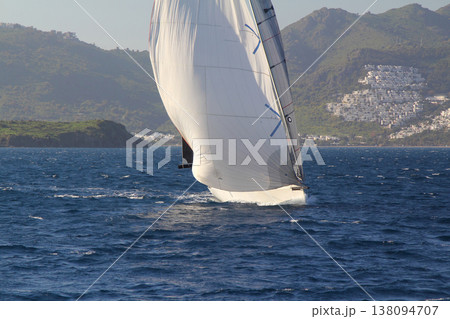 Close up of sailing boat, sail boat or yacht at sea Close up of sailing boat, sail boat or yacht at sea 138094707