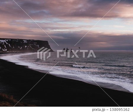 Reynisfjara black sand beach with Reynisdrangar sea stacks, South Iceland. 138095162