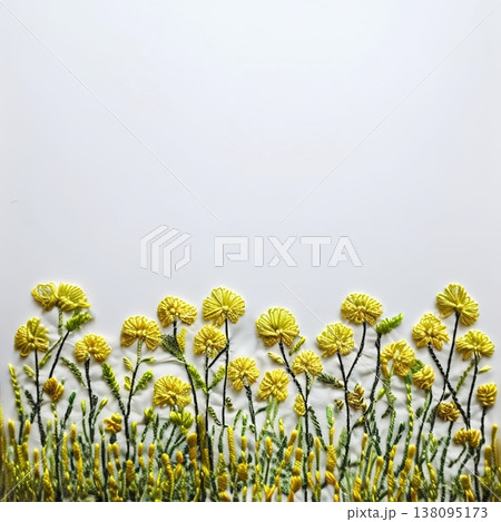 刺繍風の黄色い花と白い背景素材　コピースペース　ハンドメイド　可愛い　爽やか　バナー・広告背景 138095173