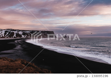 Reynisfjara black sand beach with Reynisdrangar sea stacks, South Iceland. 138095196