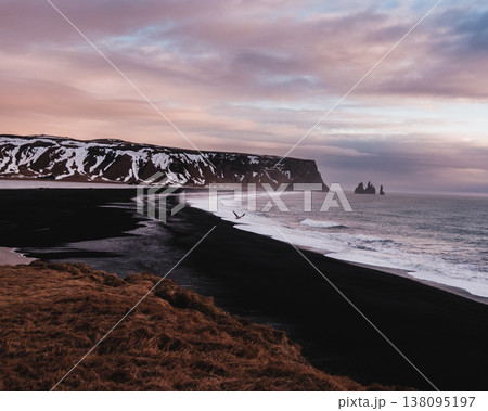 Reynisfjara black sand beach with Reynisdrangar sea stacks, South Iceland. Reynisfjara black sand beach with Reynisdrangar sea stacks, South Iceland. 138095197