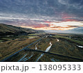 Aerial view of the road to Thorsmork, South Iceland, during a vibrant sunset. 138095333