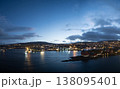 Twilight panorama of Thorshavn, lights reflecting on harbor waters 138095401