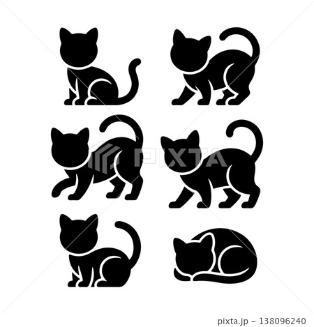 Various black cat silhouettes displaying different poses on a white background with playful and relaxed expressions Various black cat silhouettes displaying different poses on a white background with playful and relaxed expressions 138096240