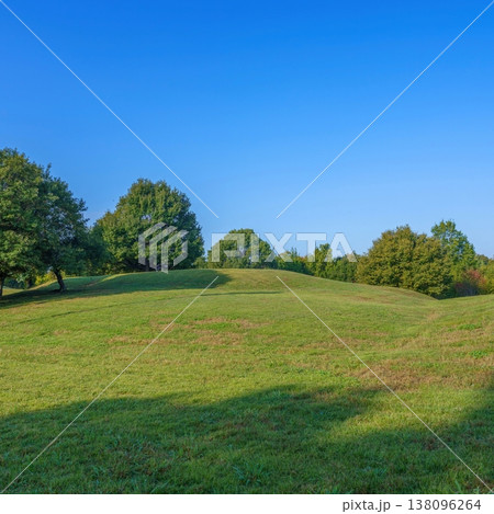 晴天の下に広がる鮮やかな緑の丘と木々 自然の風景 138096264