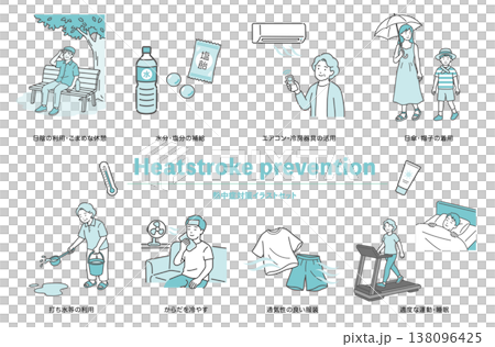 熱中症予防の8つのポイント（水分補給・エアコン・日差し対策など）をまとめたイラスト 138096425