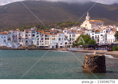 Waterfront houses and Santa Maria church in Cadaques on sunny day, Catalonia, Spain Waterfront houses and Santa Maria church in Cadaques on sunny day, Catalonia, Spain 138096758