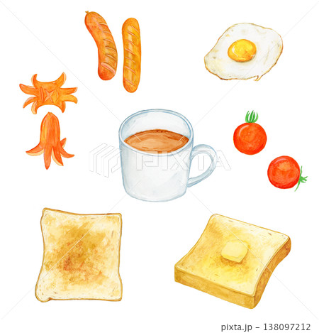 手描き水彩の朝食セット コーヒー トースト バタートースト ミニトマト ウインナー（たこ・かに） お 138097212
