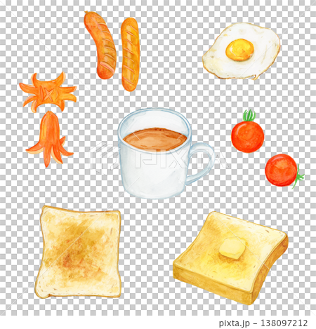 手描き水彩の朝食セット コーヒー トースト バタートースト ミニトマト ウインナー（たこ・かに） お 138097212